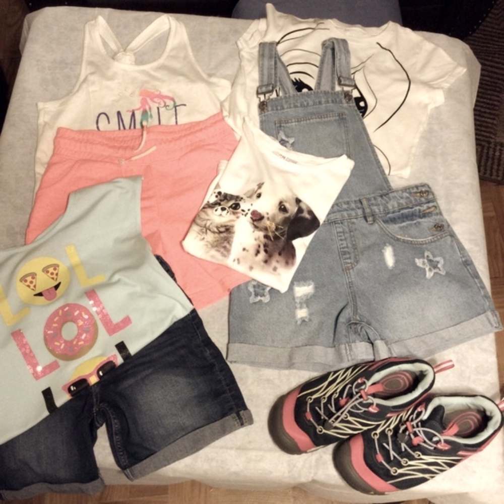 A bundle of 8-3 Girls shorts 4 tops 1 pair of shoes